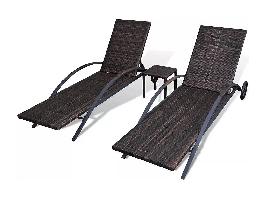 Chaises longues avec table Résine tressée Marron