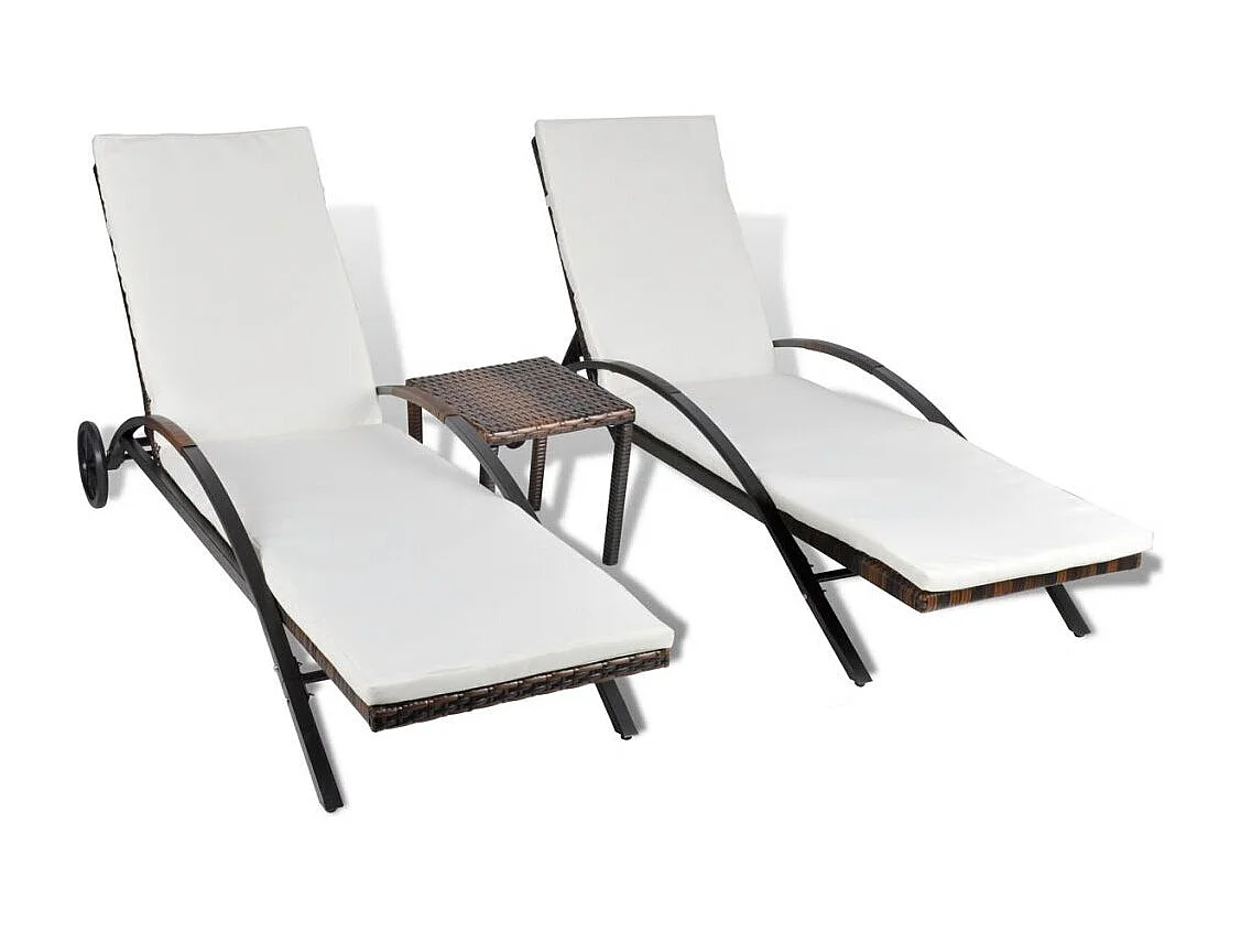 Chaises longues avec table Résine tressée Marron