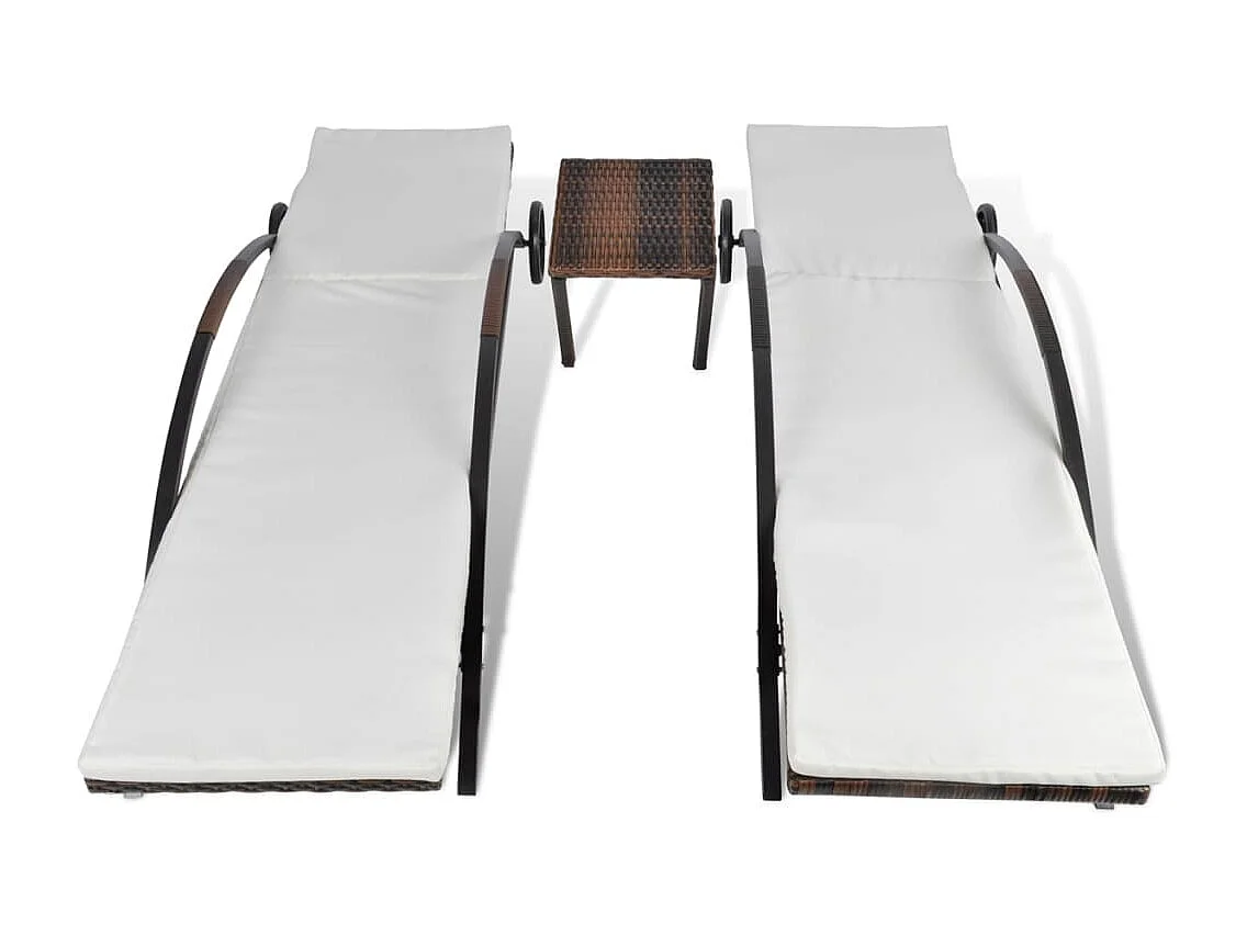 Chaises longues avec table Résine tressée Marron