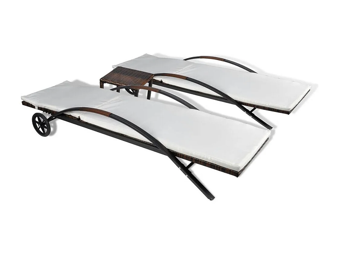 Chaises longues avec table Résine tressée Marron