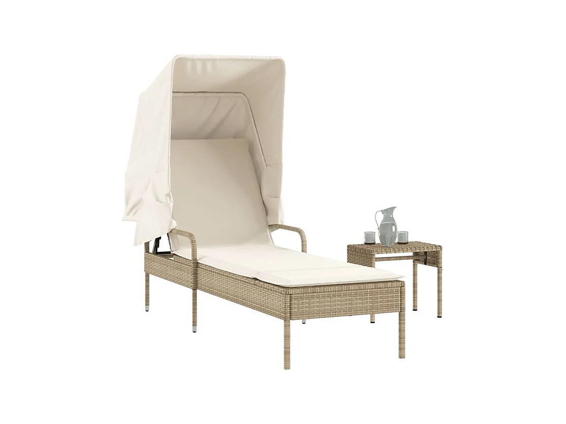 Chaise longue avec auvent et table beige résine tressée