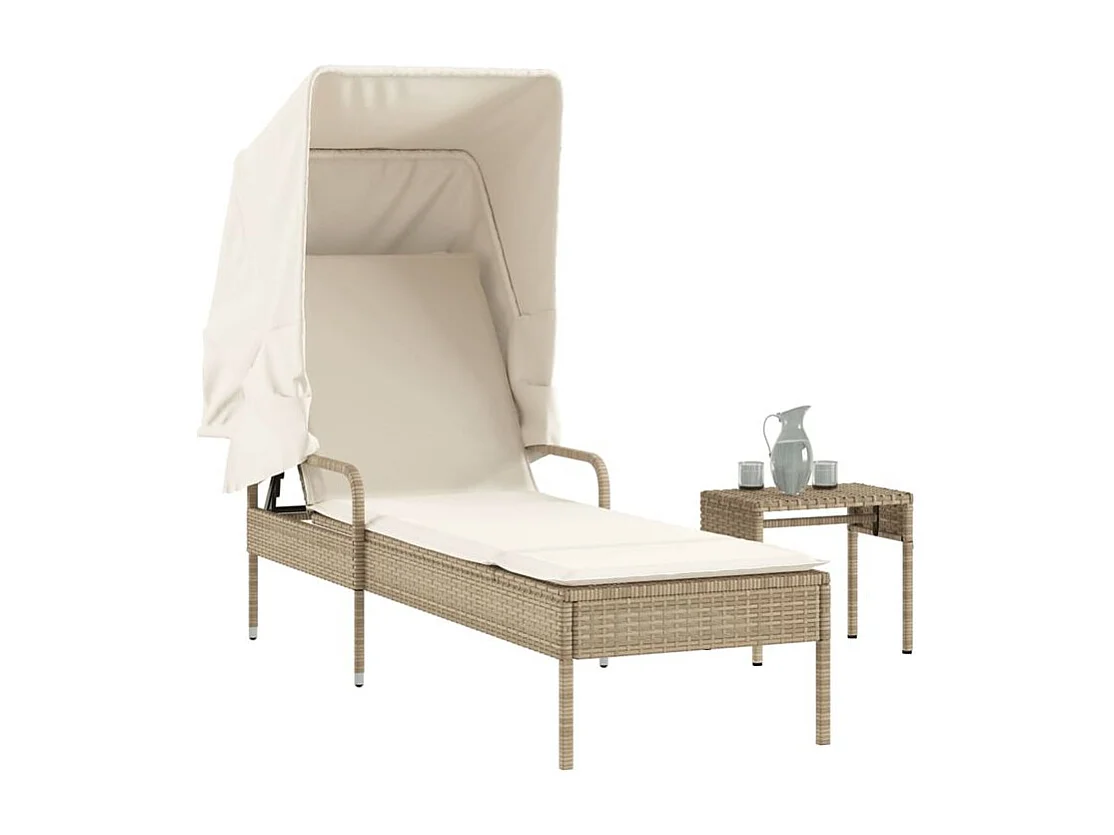 Chaise longue avec auvent et table beige résine tressée