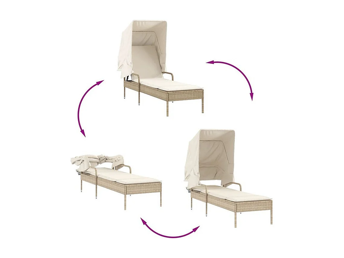 Chaise longue avec auvent et table beige résine tressée