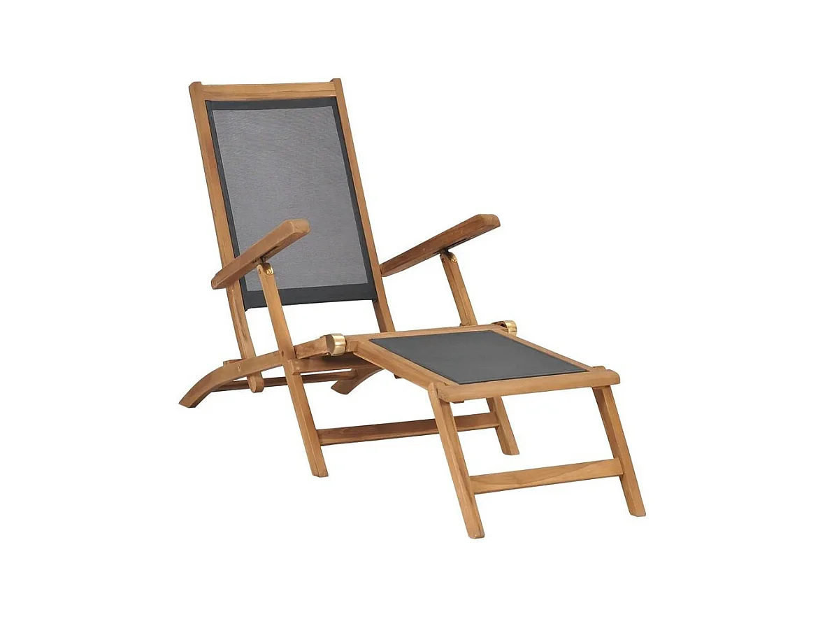 Chaise longue pliable textilène noir et teck massif clair Isser