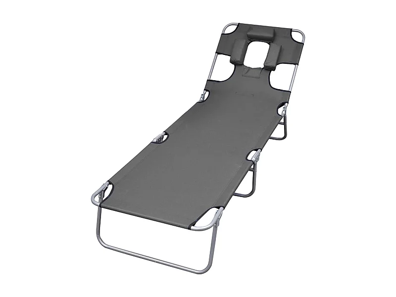 Chaise longue pliable et coussin de tête Dossier réglable Gris