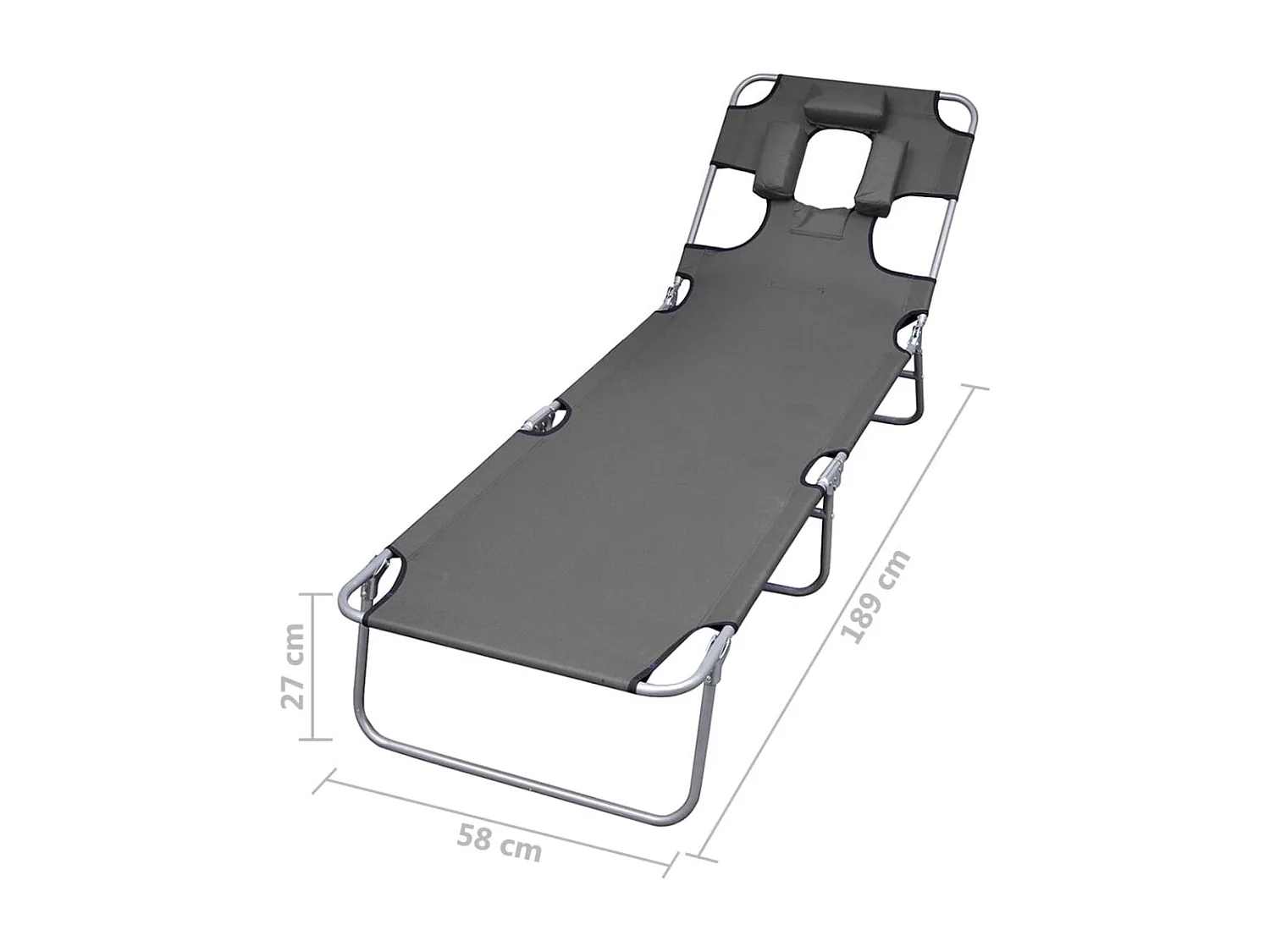 Chaise longue pliable et coussin de tête Dossier réglable Gris