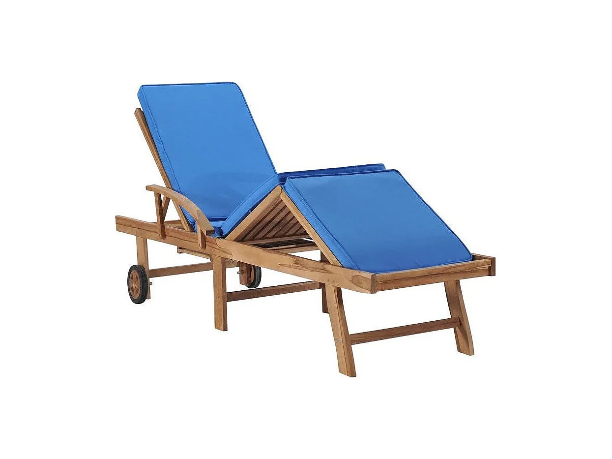 Chaise longue tissu bleu et teck massif clair Evidi - Lot de 2