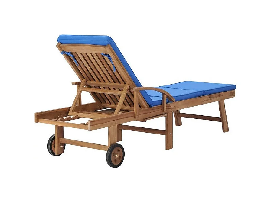 Chaise longue tissu bleu et teck massif clair Evidi - Lot de 2