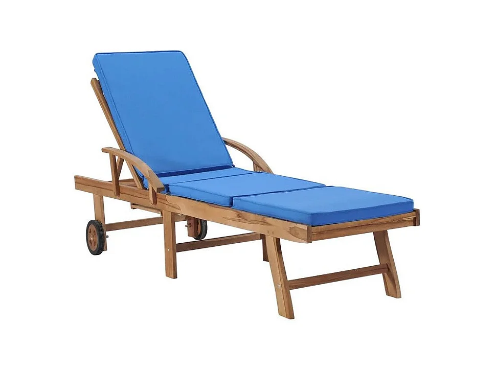 Chaise longue tissu bleu et teck massif clair Evidi - Lot de 2