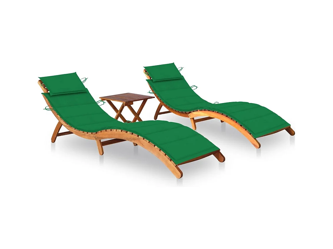 Chaises longues 2 pcs avec table et coussins Acacia solide 6