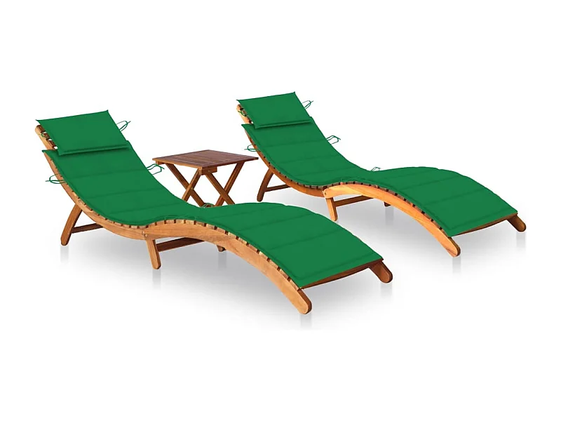 Chaises longues 2 pcs avec table et coussins Acacia solide 6