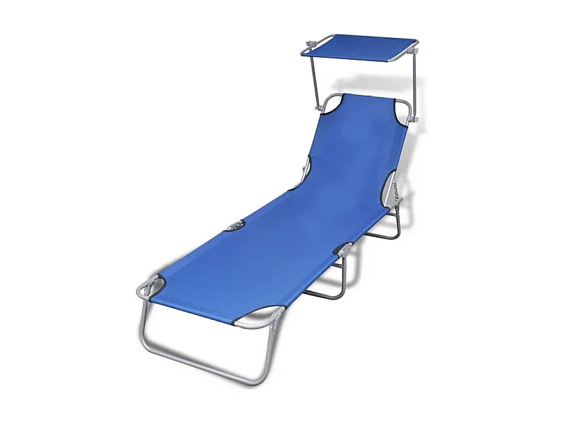 Chaise longue pliable avec auvent tissu bleu et métal Sher