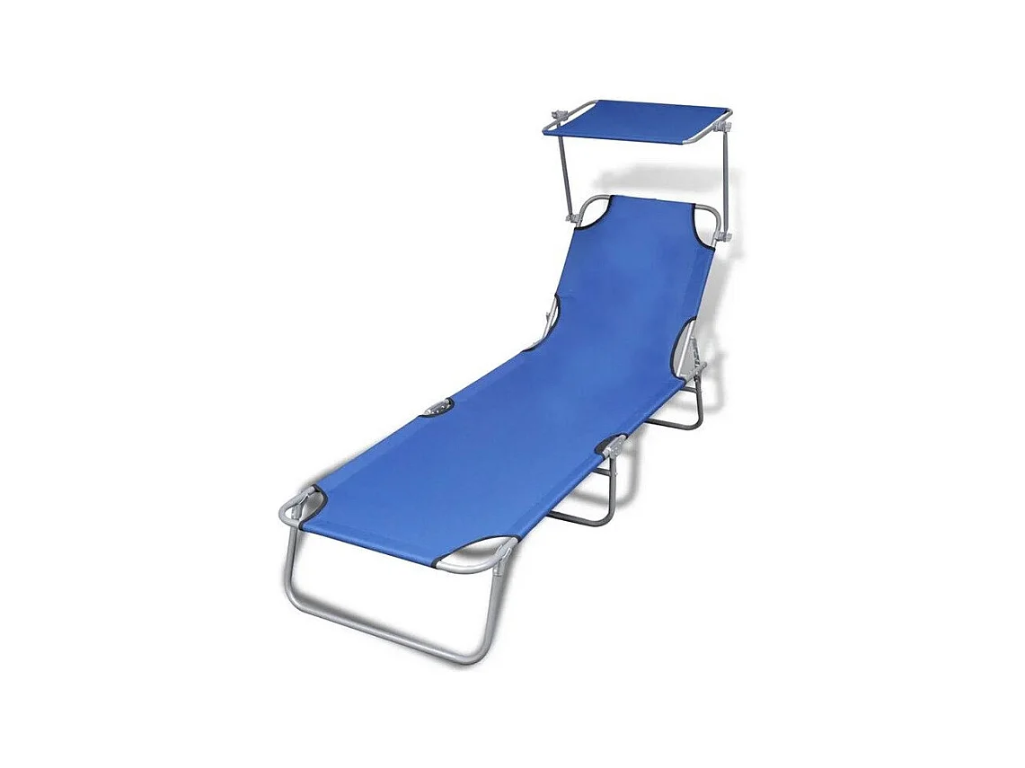 Chaise longue pliable avec auvent tissu bleu et métal Sher