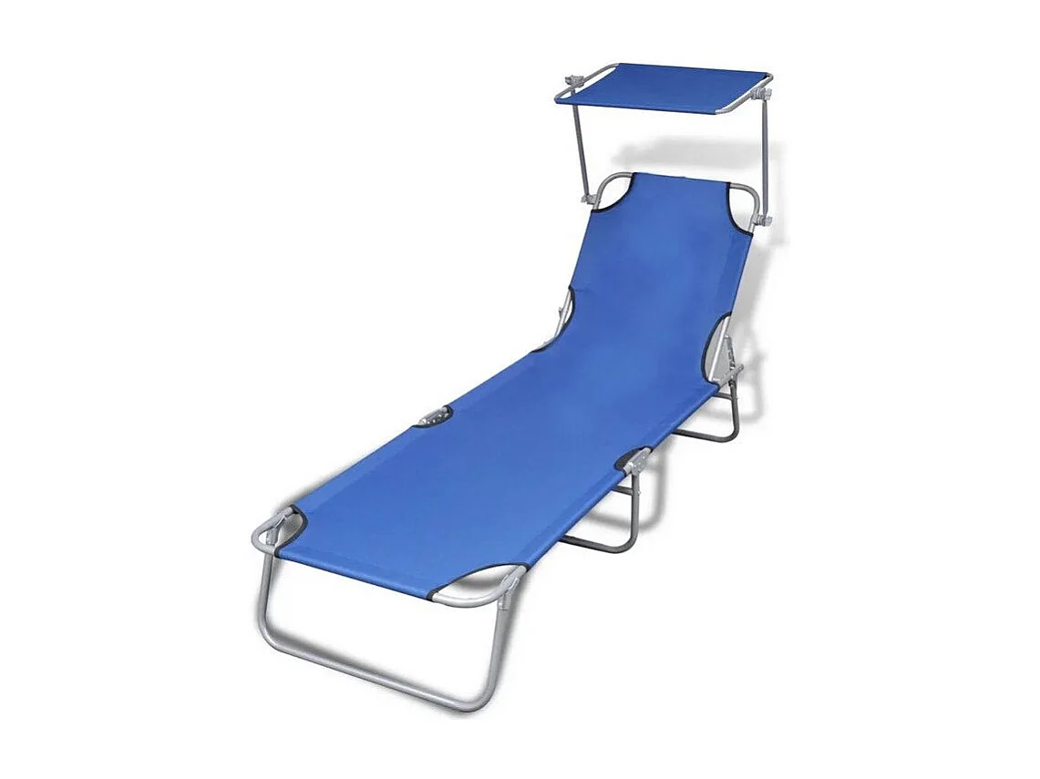 Chaise longue pliable avec auvent tissu bleu et métal Sher