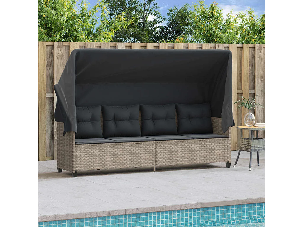 Chaise longue avec auvent et coussins gris clair résine tressée