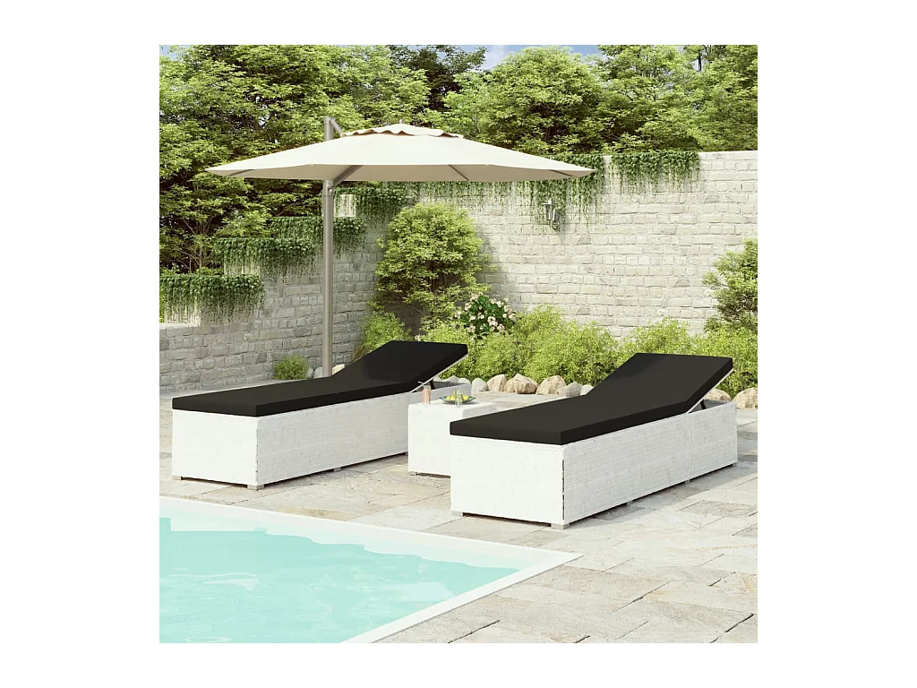 Chaises longues de jardin table à thé 3pcs Résine tressée Blanc