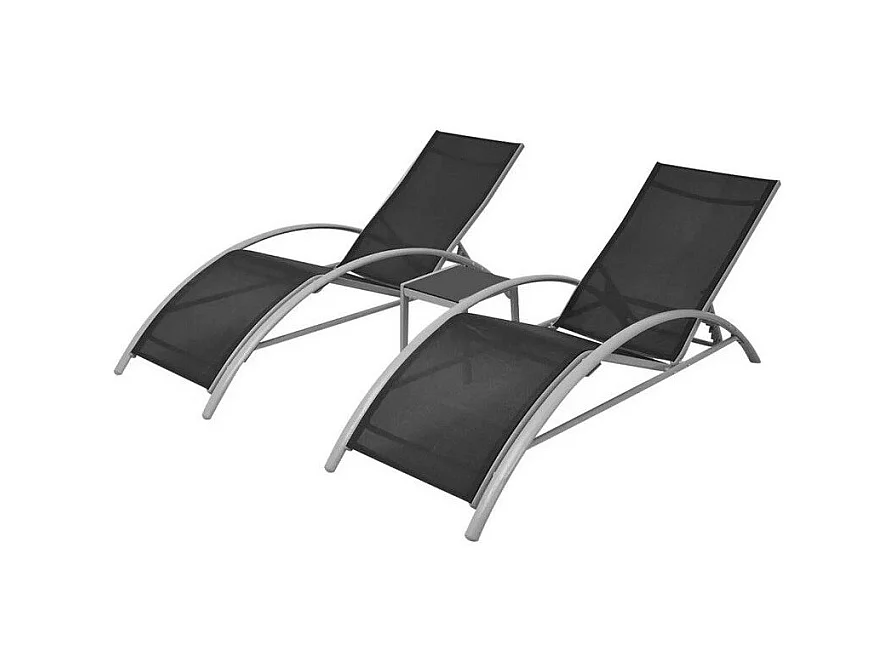Set de 2 chaises longues textilène noir et 1 table Derino