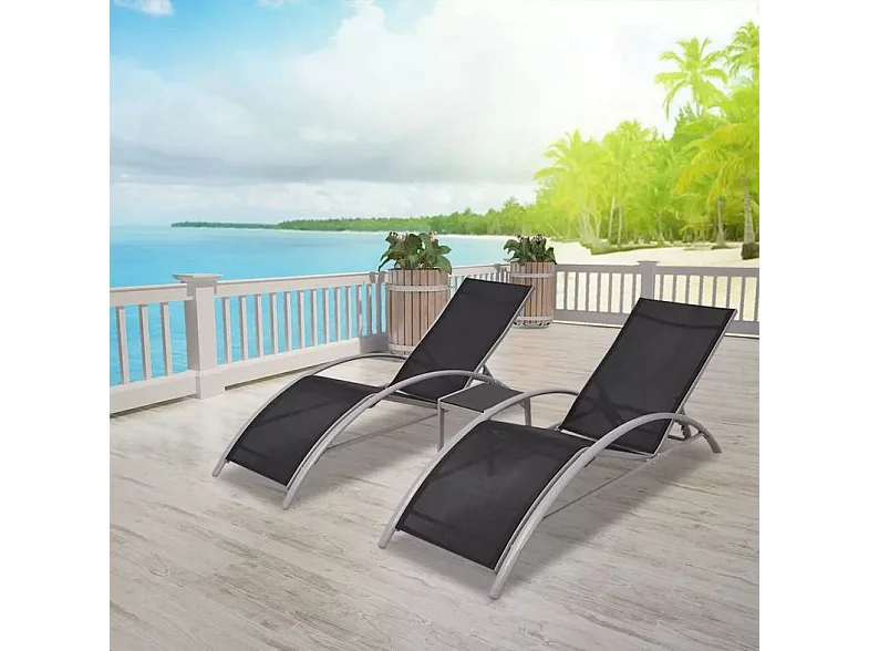 Set de 2 chaises longues textilène noir et 1 table Derino