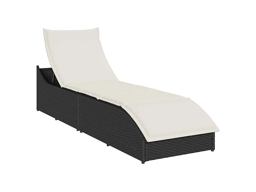 Chaise longue pliante coussin et rangement noir résine tressée
