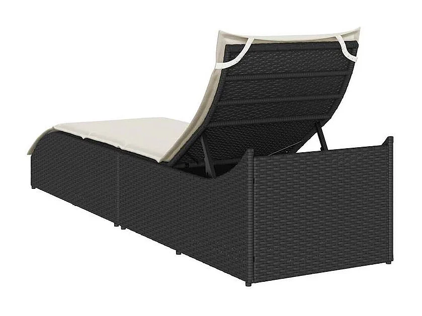 Chaise longue pliante coussin et rangement noir résine tressée