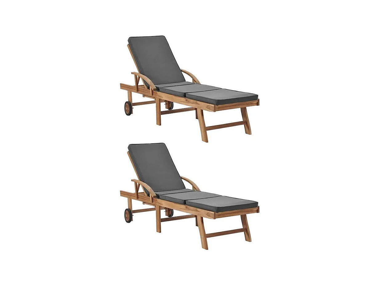 Chaise longue tissu gris et teck massif clair Evidi - Lot de 2