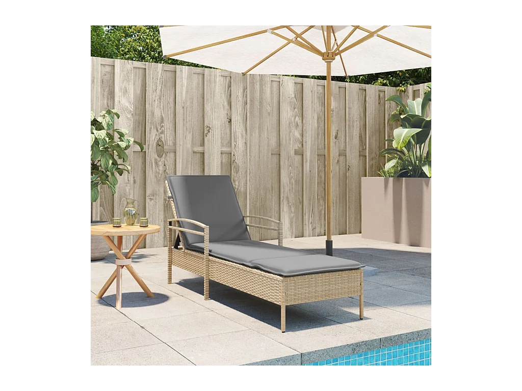 Chaise longue avec coussin beige 63x200x81 résine tressée