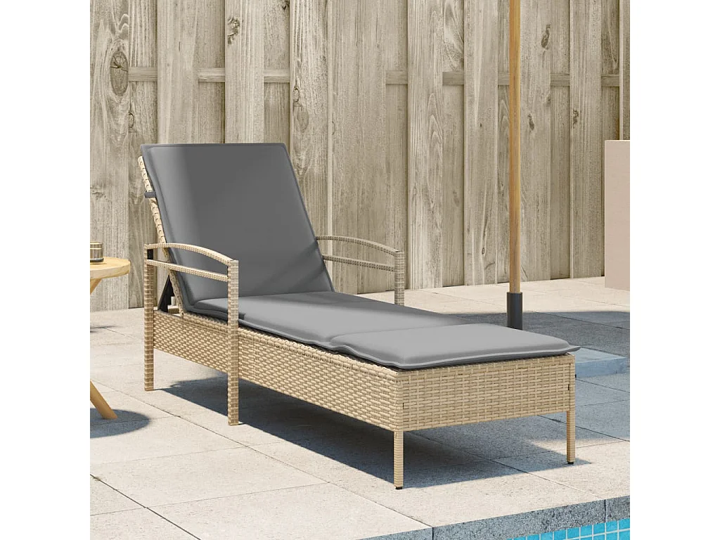 Chaise longue avec coussin beige 63x200x81 résine tressée