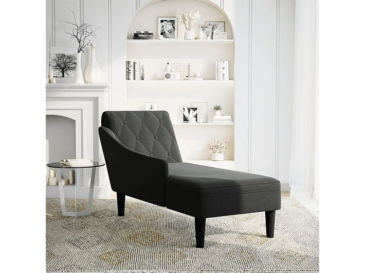 Fauteuil long avec coussin et accoudoir droit noir tissu