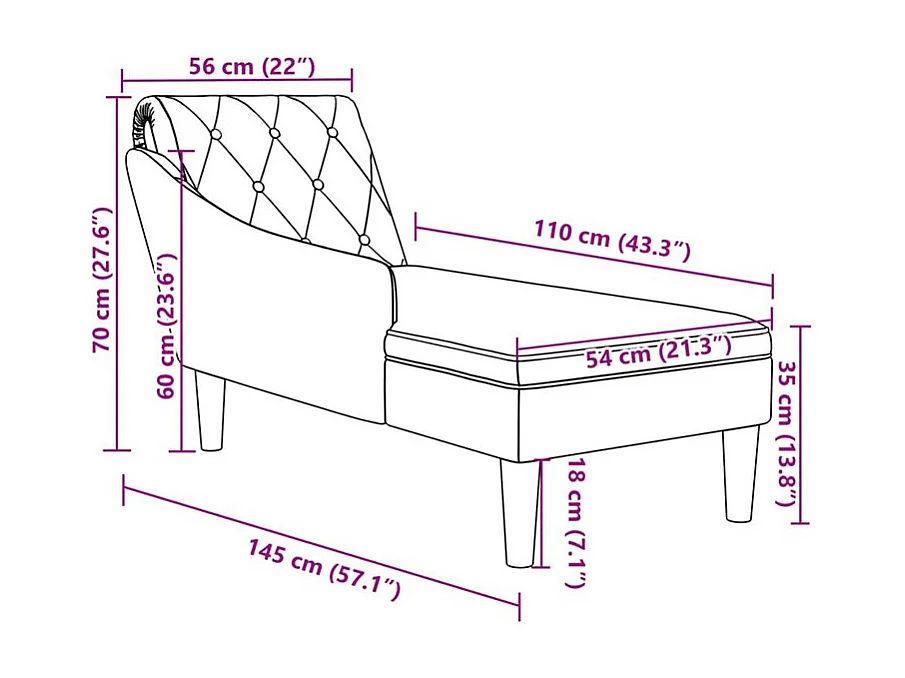 Fauteuil long avec coussin et accoudoir droit noir tissu