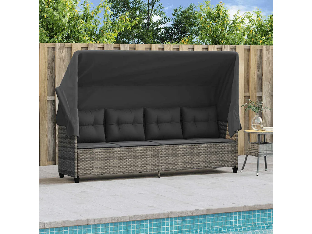 Chaise longue avec auvent et coussins gris résine tressée