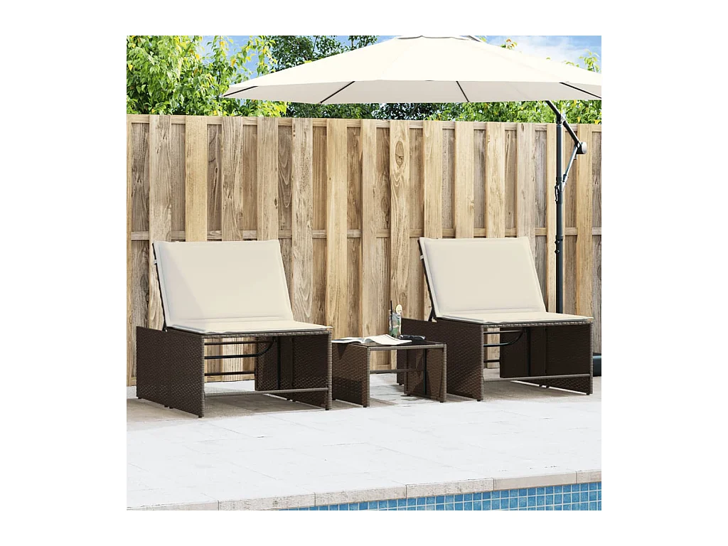 Chaises longues lot de 2 avec table marron résine tressée