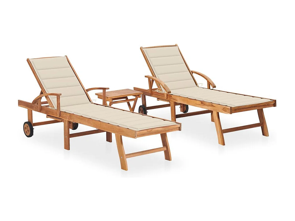 Chaises longues 2 pcs avec table et coussin Bois de teck solide 2