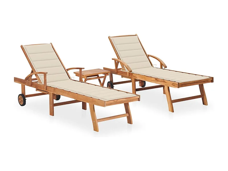 Chaises longues 2 pcs avec table et coussin Bois de teck solide 2