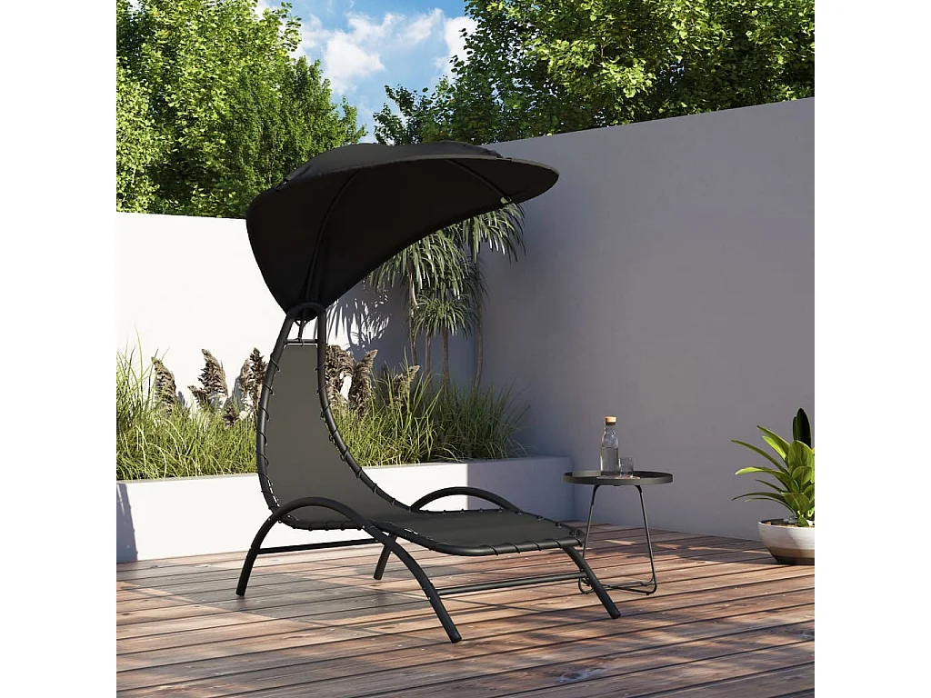 Chaise longue avec auvent noir 167x80x195 tissu et acier