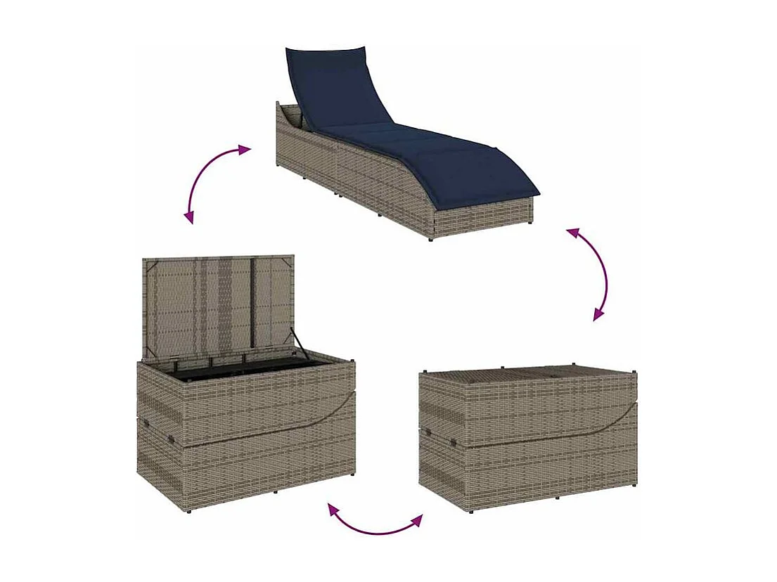 Chaise longue pliante coussin et rangement gris résine tressée