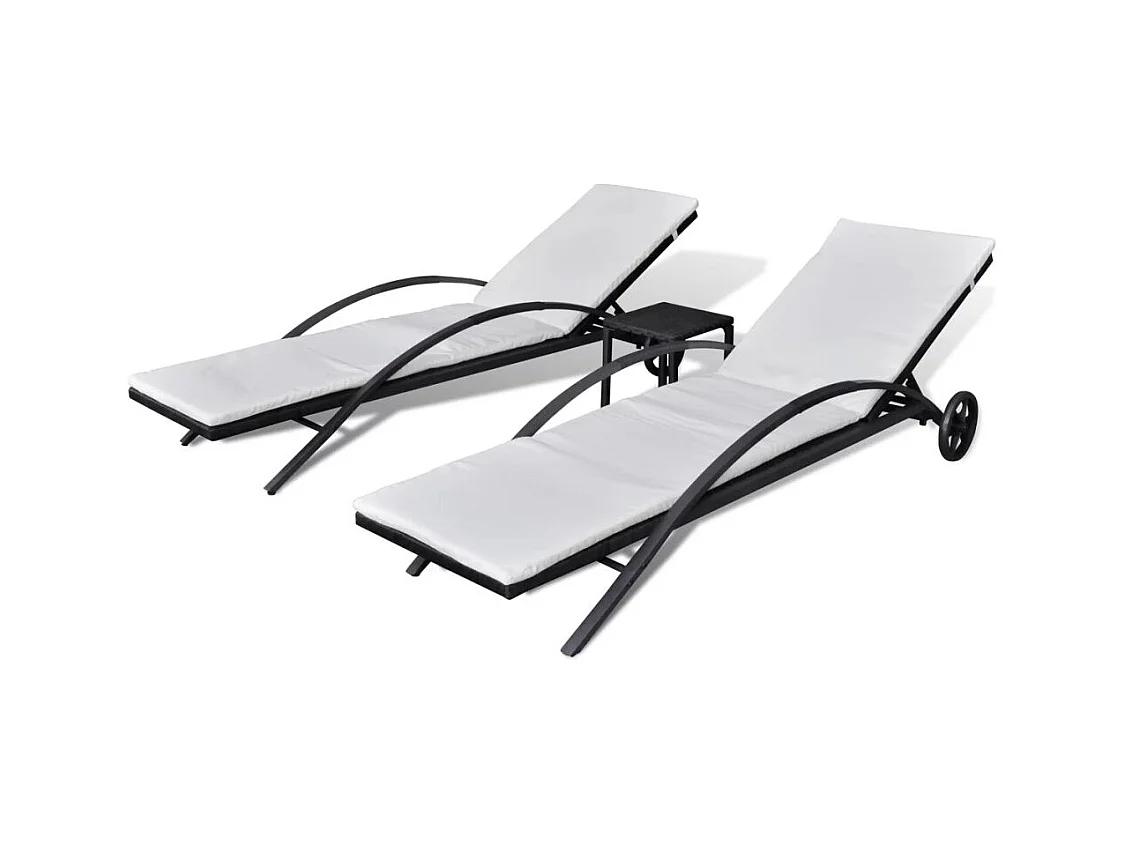 Chaises longues avec table Résine tressée Noir 2