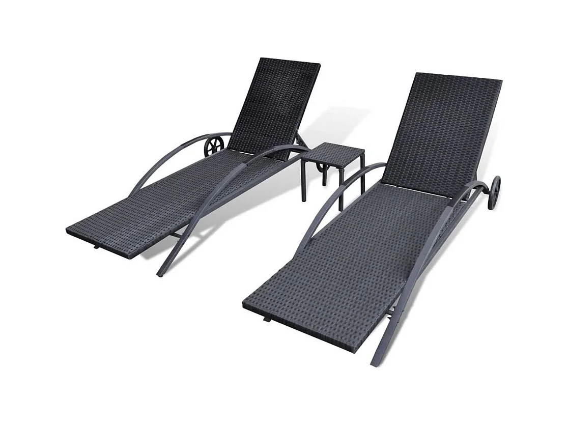 Chaises longues avec table Résine tressée Noir 2