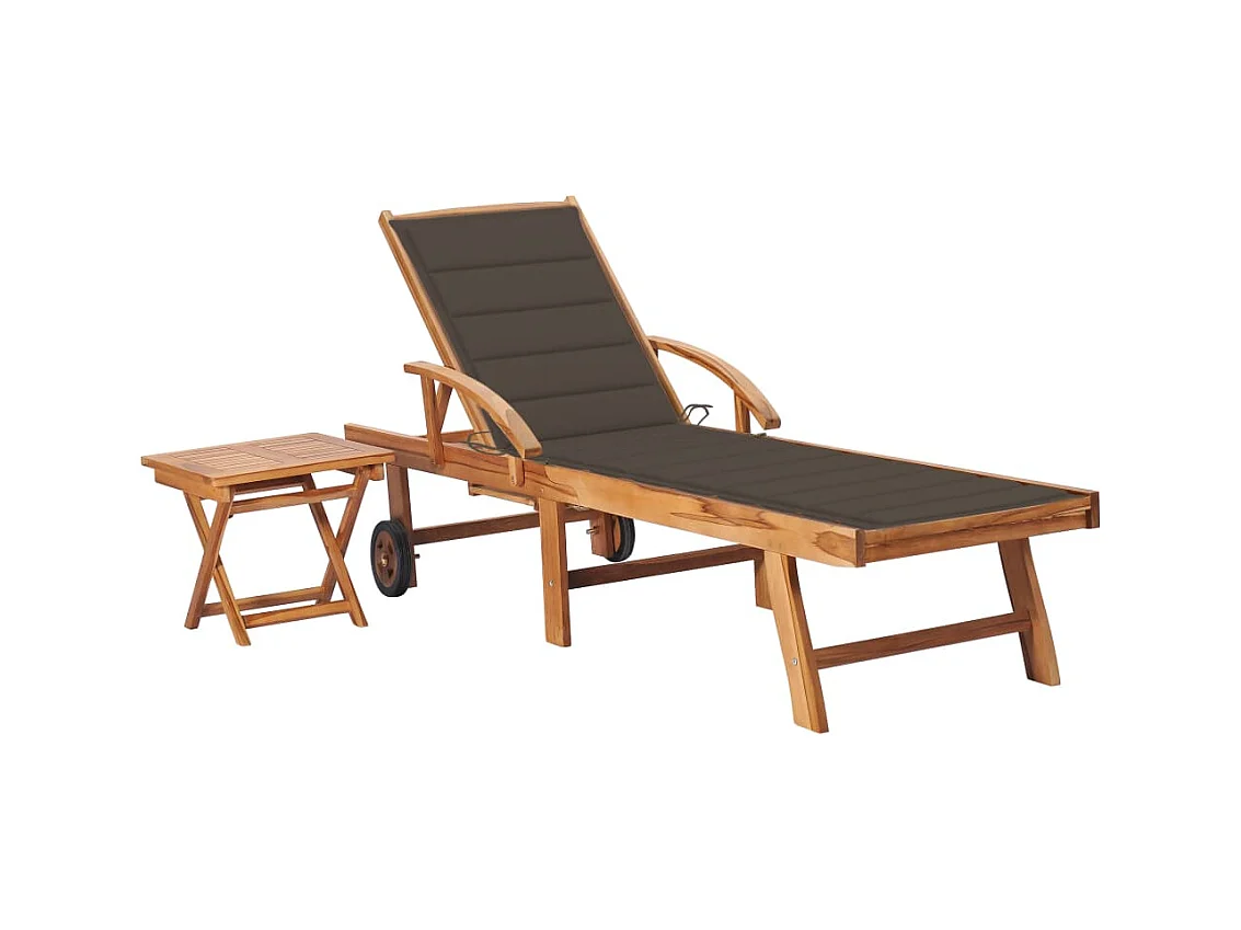 Chaise longue avec table et coussin Bois de teck solide