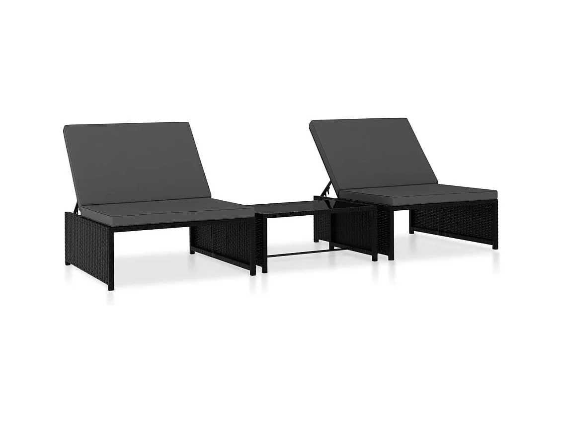 Chaises longues 2 pcs avec table Résine tressée Noir 2