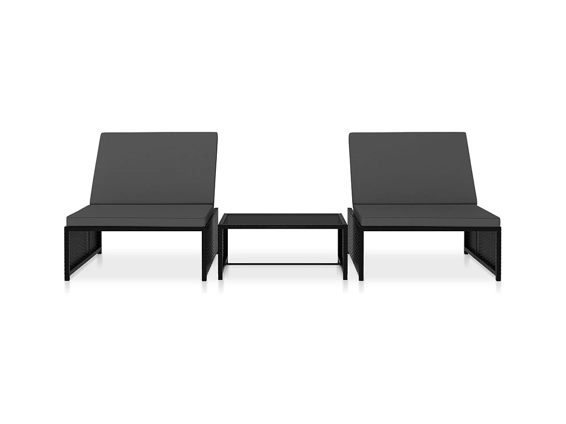 Chaises longues 2 pcs avec table Résine tressée Noir 2