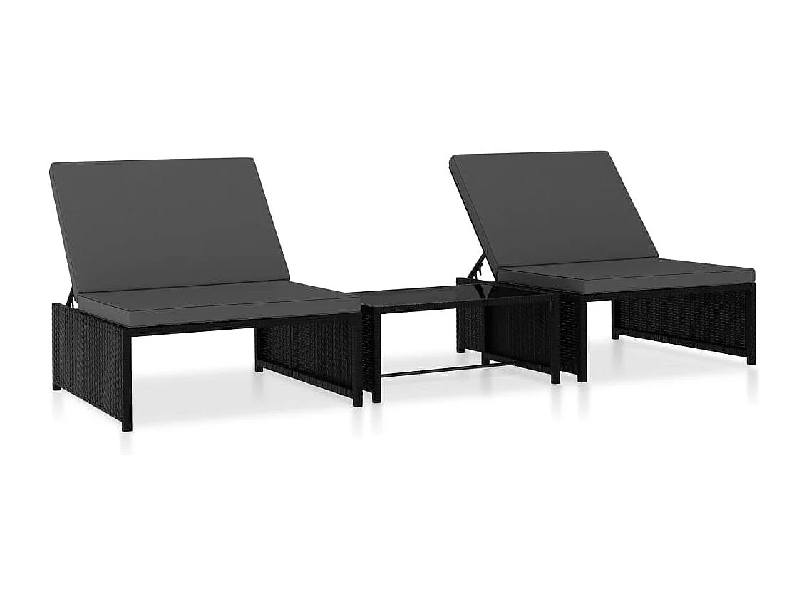 Chaises longues 2 pcs avec table Résine tressée Noir 2