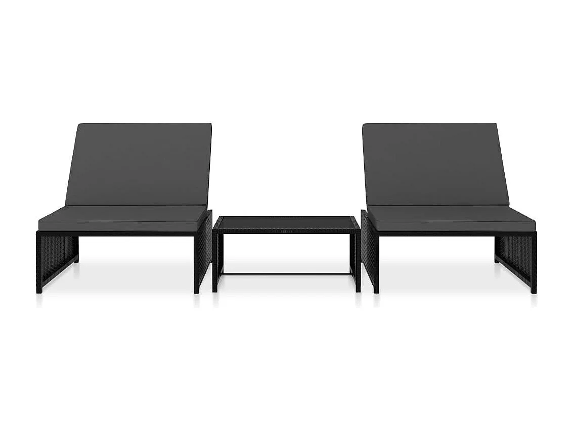 Chaises longues 2 pcs avec table Résine tressée Noir 2