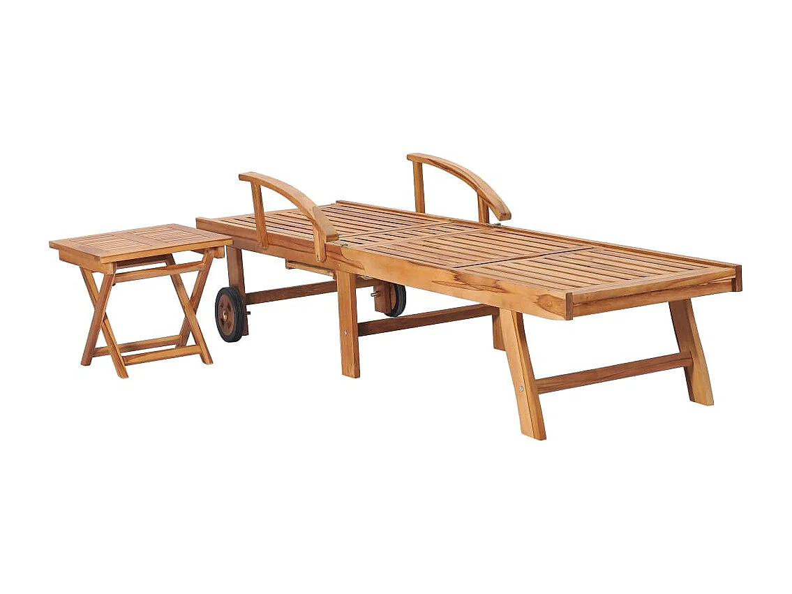 Chaise longue avec table et coussin Bois de teck solide 14