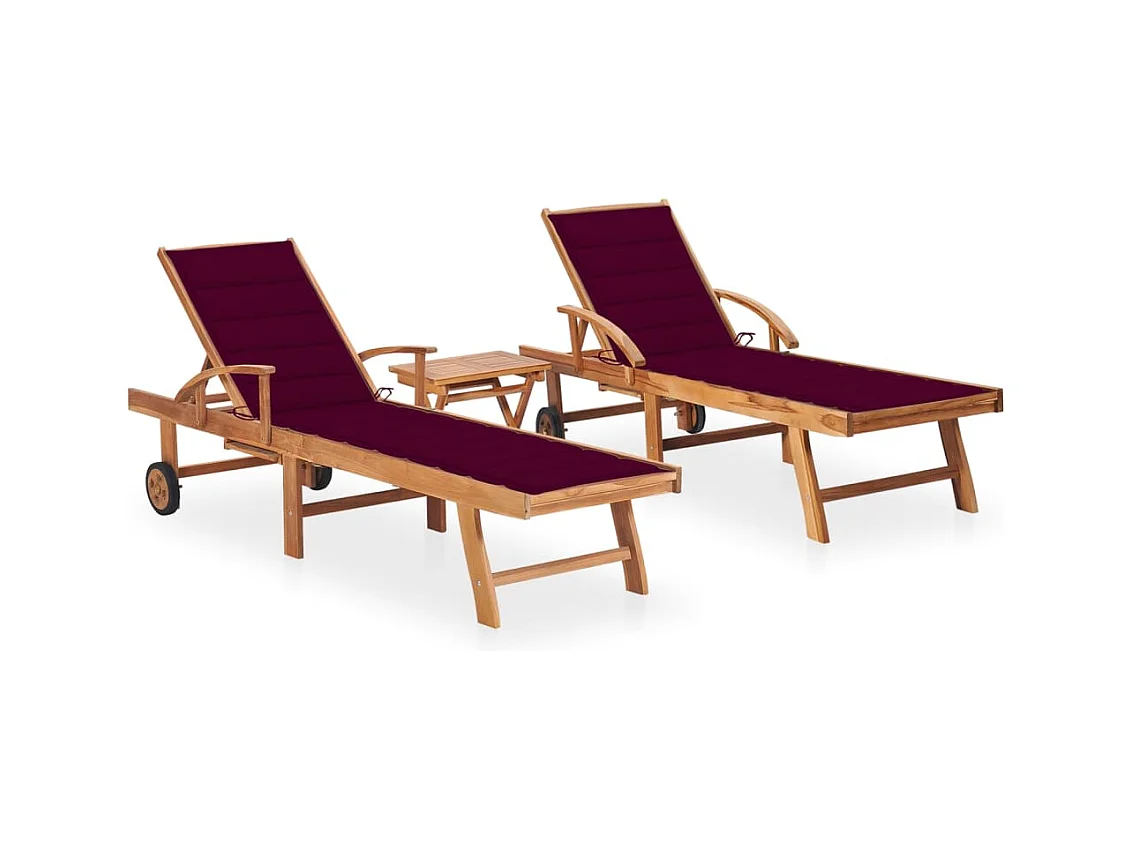 Chaises longues 2 pcs avec table et coussin Bois de teck solide 12