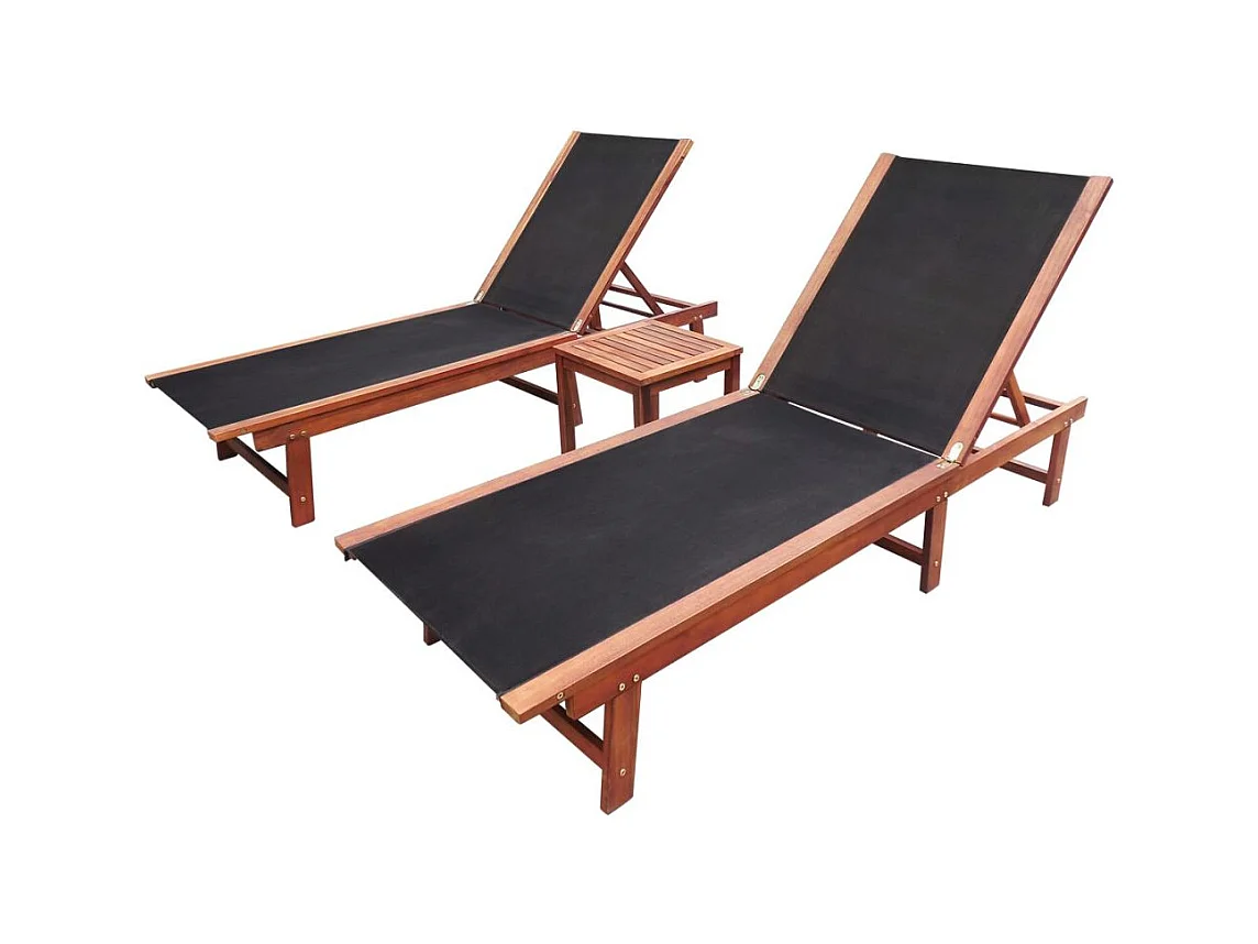Chaises longues 2pcs et table Bois d'acacia solide et textilène