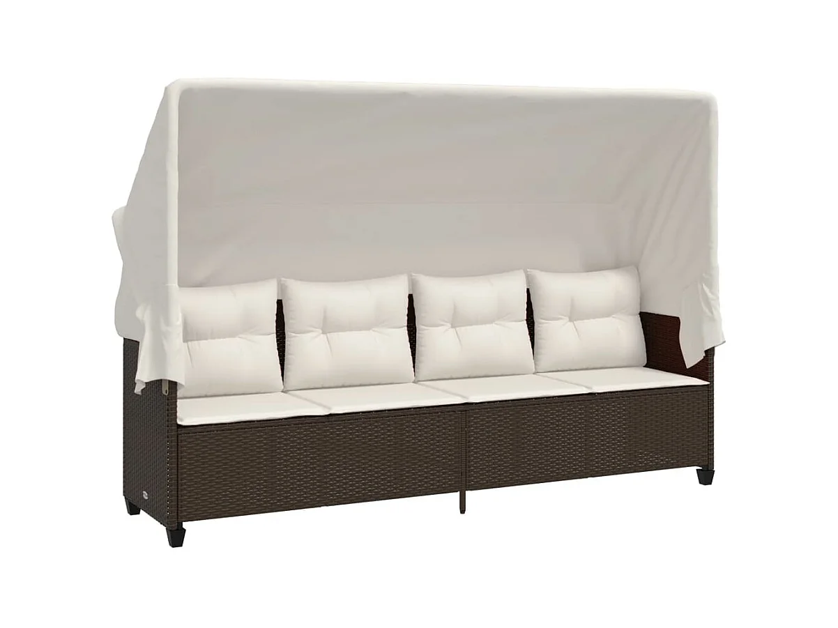 Chaise longue avec auvent et coussins marron résine tressée