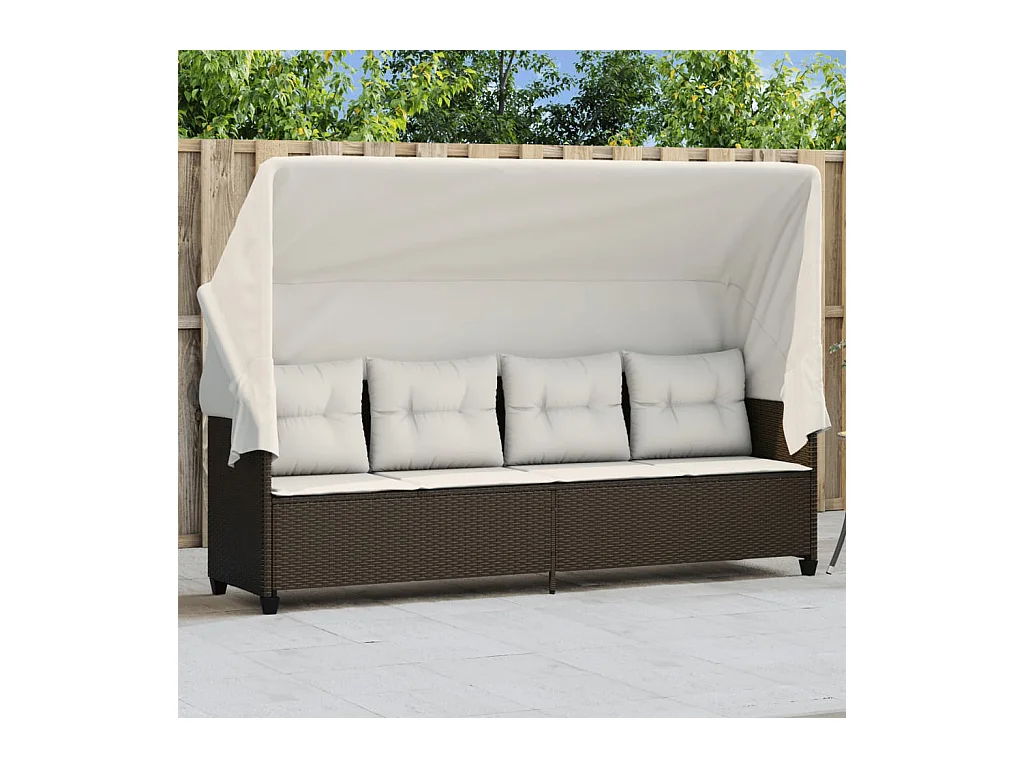 Chaise longue avec auvent et coussins marron résine tressée