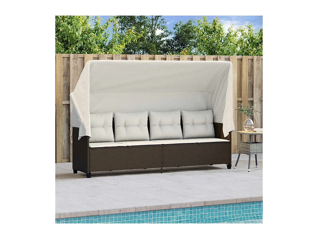 Chaise longue avec auvent et coussins marron résine tressée