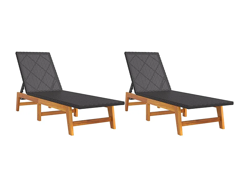 Chaises longues 2 pcs noir-marron résine tressée-bois d'acacia
