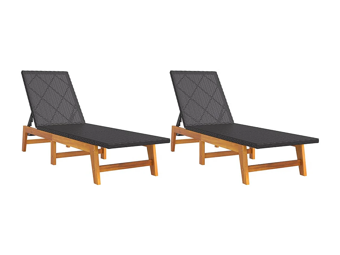 Chaises longues 2 pcs noir-marron résine tressée-bois d'acacia